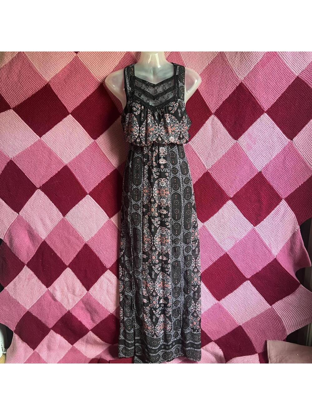 vintage free people purple moroccan print black lace boho maxi dress